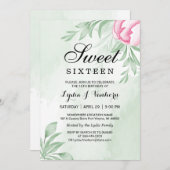 水彩ユーカリ葉誕生日スイート16 招待状 (正面/裏面)