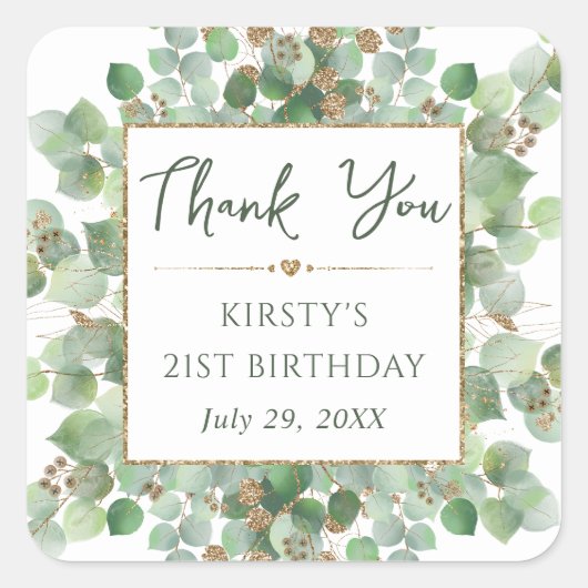 水彩ユーカリ葉誕生日 スクエアシール (正面)