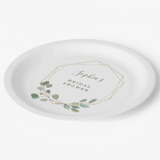 水彩ユーカリ金ゴールド幾何ブライダルシャワー ペーパープレート (アングル)