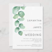 水彩ユーカリ3枚写真QRコードウェディング 招待状 (正面)