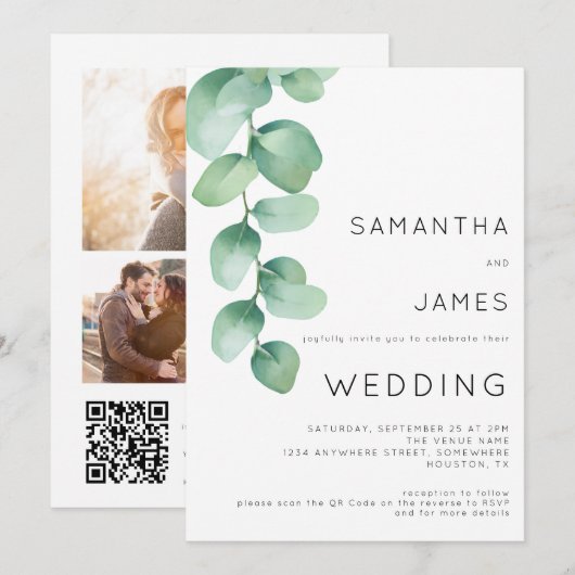 水彩ユーカリ3枚写真QRコードウェディング 招待状 (正面/裏面)