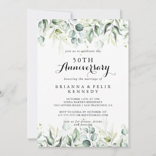 水彩ユーカリ50周年結婚記念日 招待状 (正面)