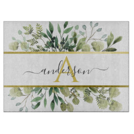 水彩ユーカリ&グリーンリー |モノグラム カッティングボード