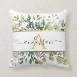 水彩ユーカリ&グリーンリー |モノグラム クッション