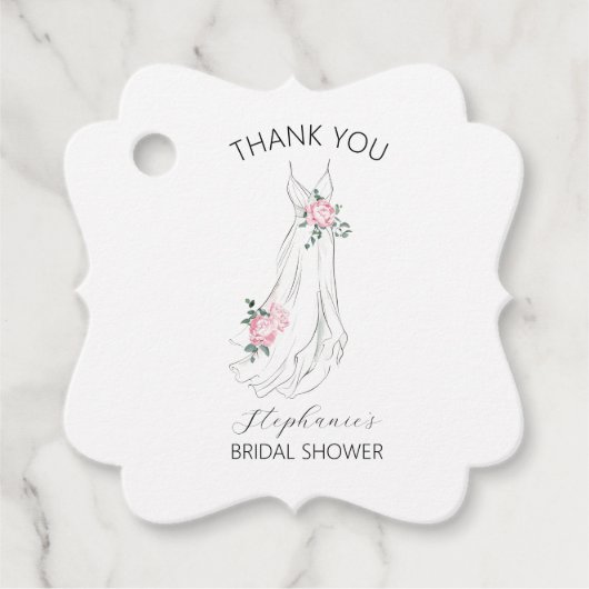 水彩ユーカリ フラワープリントのドレス ブライダルシャワー フェイバータグ (正面)