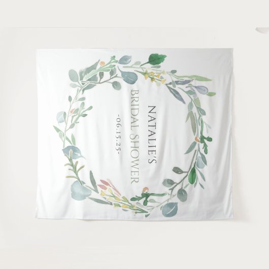 水彩ユーカリ フラワーリング グリーン ブライダルシャワー タペストリー (正面(横))