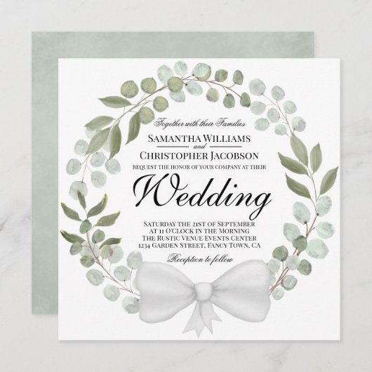 水彩ユーカリ&リーフリース結婚ズ 招待状 (正面/裏面)