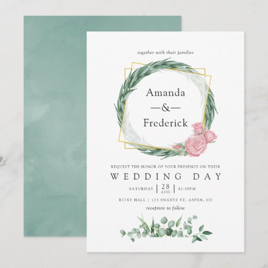 水彩ユーカリ ローズ ジオメトリック ウェディング 招待状 (正面/裏面)