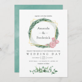 水彩ユーカリ ローズ ジオメトリック ウェディング 招待状