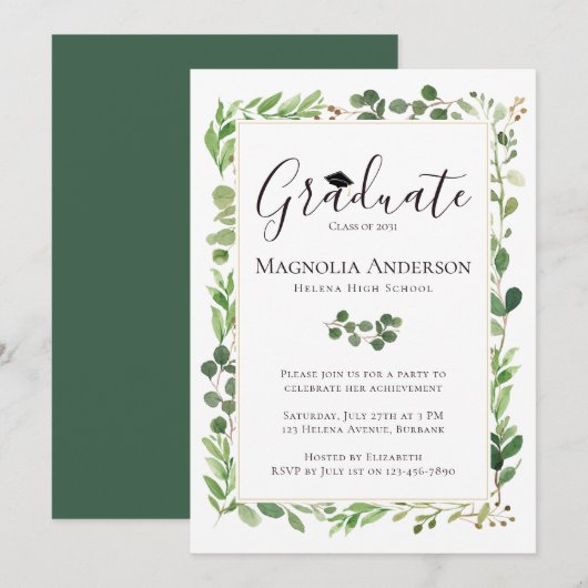 水彩ユーカリ 卒業パーティー 招待状 (正面/裏面)