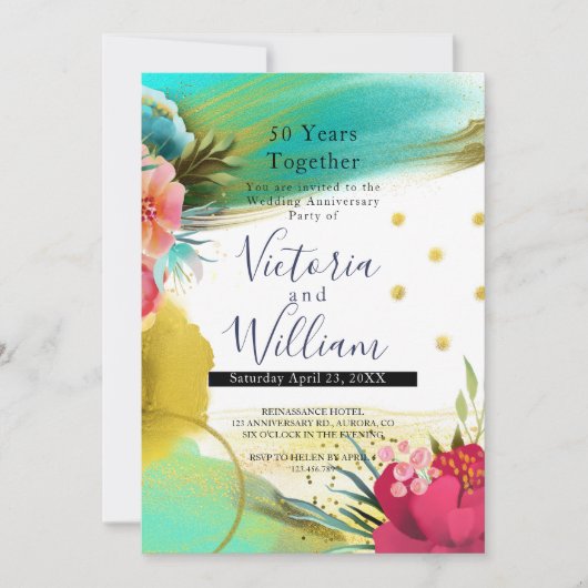 水彩ライトグリーン金ゴールドピンク50周年記念 招待状 (正面)