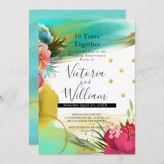 水彩ライトグリーン金ゴールドピンク50周年記念 招待状 (正面/裏面)