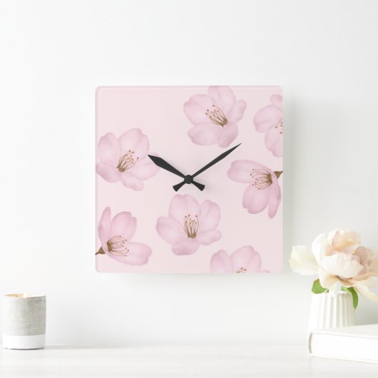 水彩ライトピンクさくらんぼ花咲き壁時計 スクエア壁時計 (ホーム)