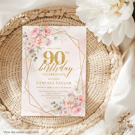 水彩ライトピンクゴールドの花 90歳 誕生日招待状 招待状