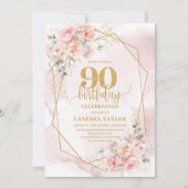 水彩ライトピンクゴールドの花 90歳 誕生日招待状 招待状 (正面)