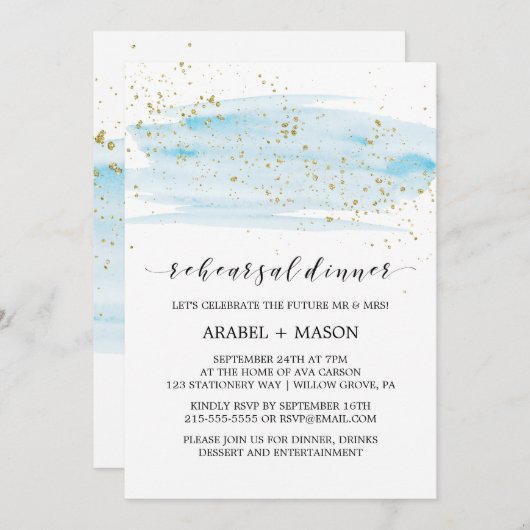 水彩ライトブルーとゴールドのリハーサルディナー 招待状 (正面/裏面)