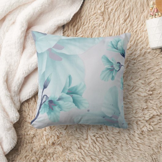 水彩ライトブルーアクアティール(緑がかった色)ベルフラワーアクセント クッション (ブランケット)