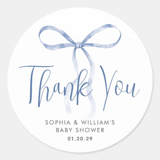水彩ライトブルーボウリボン男の子ベビーシャワー ラウンドシール (正面)