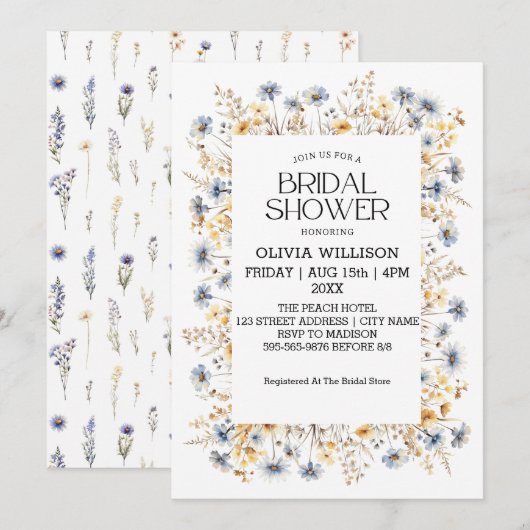 水彩ライトブルーワイルドフラワーズブライダルシャワー 招待状 (正面/裏面)