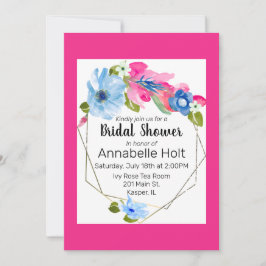 水彩ライトブルー熱ピンクフローラ金ゴールドフレーム 招待状