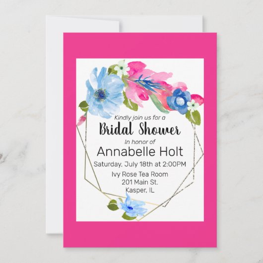 水彩ライトブルー熱ピンクフローラ金ゴールドフレーム 招待状 (正面)