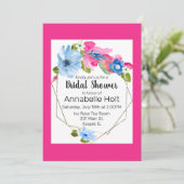 水彩ライトブルー熱ピンクフローラ金ゴールドフレーム 招待状 (スタンド正面)