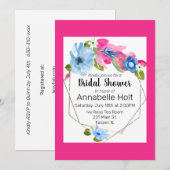 水彩ライトブルー熱ピンクフローラ金ゴールドフレーム 招待状 (正面/裏面)