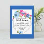 水彩ライトブルー熱ピンクフローラ金ゴールドフレーム 招待状 (スタンド正面)