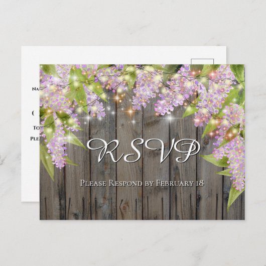 水彩ライラックと木材&ライトウェディングRSVP ポストカード (正面/裏面)