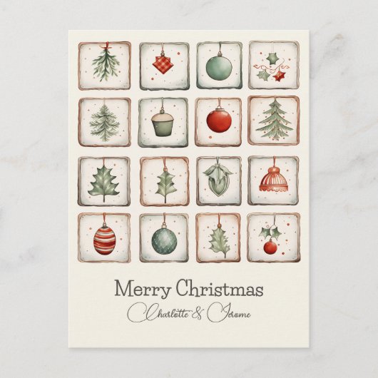 水彩ラインアートクリスマスパターン シーズンポストカード (正面)