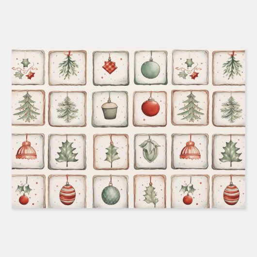 水彩ラインアートクリスマスパターン ラッピングペーパーシート (正面)