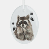 水彩ラクーン動物と足跡 ガラスオーナメント (正面左)