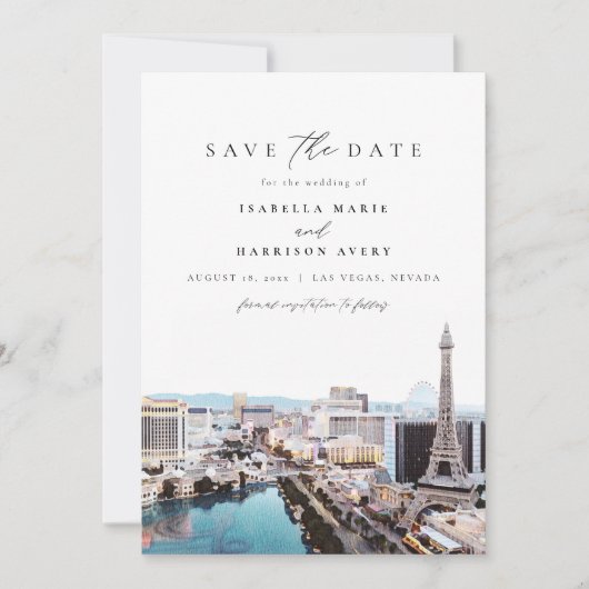 水彩ラスベガスネバダスカイライン日付を保存 招待状 (正面)