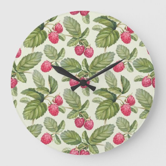 水彩ラズベリーシームレスパターンデザイン ラージ壁時計 (正面)