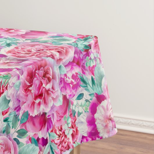 水彩ラッシュピンクピーニー&グリーンティール（緑がかった色）ズ  テーブルクロス (インサイチュ)