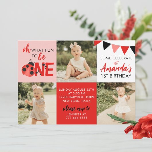 水彩ラディバグ3写真誕生日招待状 招待状