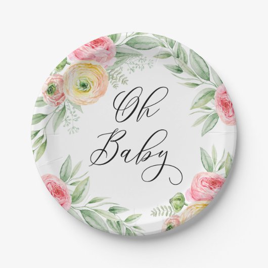 水彩ラヌンキュラス花春赤ちゃんシャワー ペーパープレート (正面)