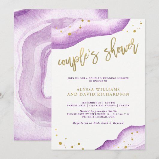 水彩ラベンダーとゴールドのジオード カップルシャワー 招待状 (正面/裏面)