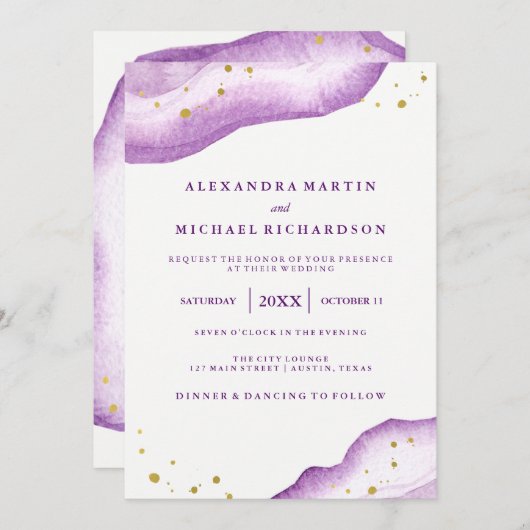 水彩ラベンダーと金ゴールド結婚グードII 招待状 (正面/裏面)