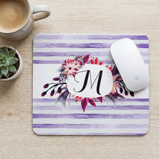 水彩ラベンダーパープルストライプフローラ枠 マウスパッド