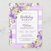 水彩ラベンダーパープルフローラ誕生パーティー 招待状 (正面/裏面)