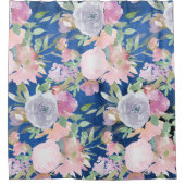 水彩ラベンダーフラワーズオンダークブルー シャワーカーテン (正面)