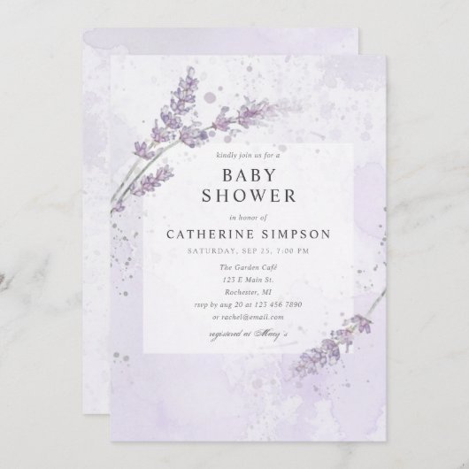 水彩ラベンダーフラワーズベビーシャワー 招待状 (正面/裏面)