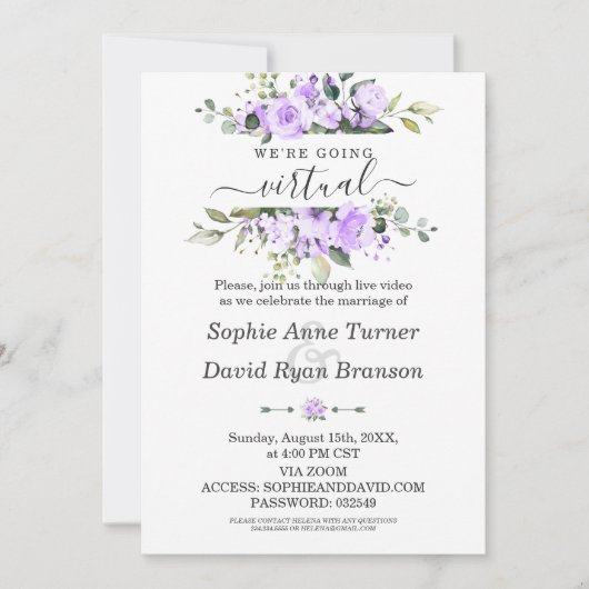 水彩ラベンダーフラワーズヴァーチャル結婚ティーズ 招待状 (正面)