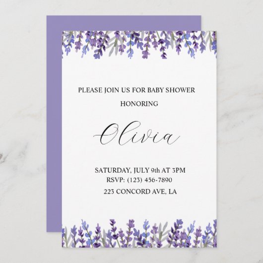 水彩ラベンダーフラワーベビーシャワー招待状 セーブザデート (正面/裏面)