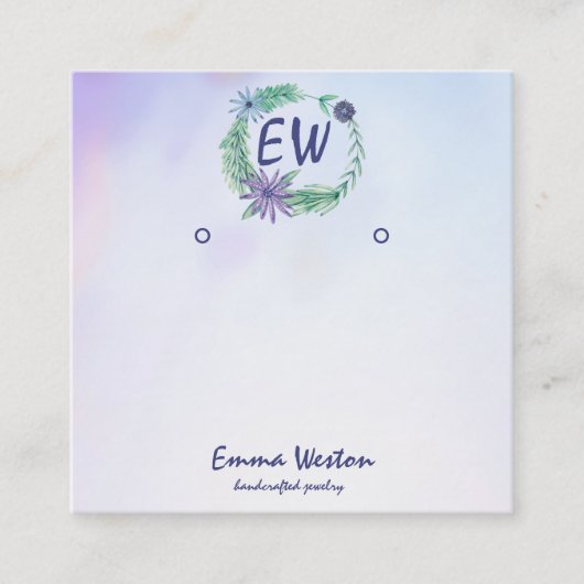 水彩ラベンダーフラワーリースイヤリングディスプレイ スクエア名刺 (正面)