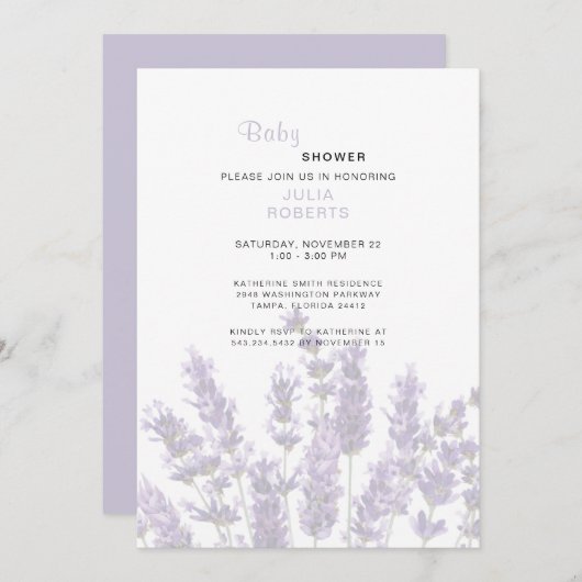 水彩ラベンダーフローラベビーシャワー 招待状 (正面/裏面)
