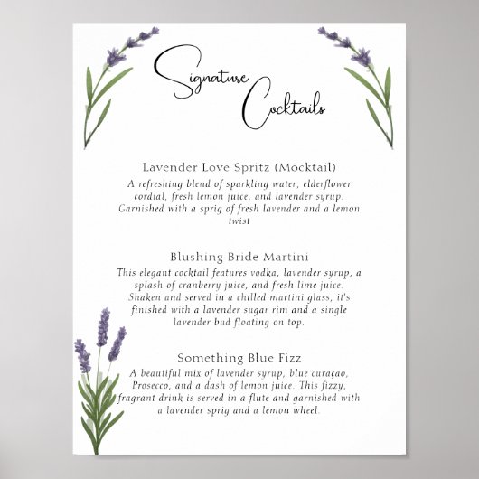 水彩ラベンダーブライダルシグネチャードリンクメニュー ポスター (正面)