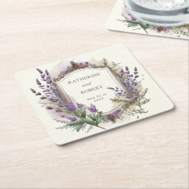 水彩ラベンダーレガルモノグラム結婚ズ スクエアペーパーコースター