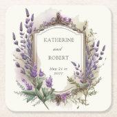 水彩ラベンダーレガルモノグラム結婚ズ スクエアペーパーコースター (正面)